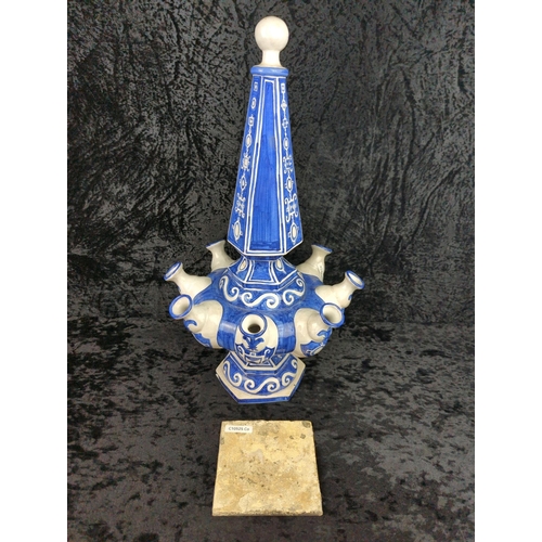 43 - Unusual vintage blue and white earthenware ‘tulipière’ with multiple spouts for single stem flowers ... 