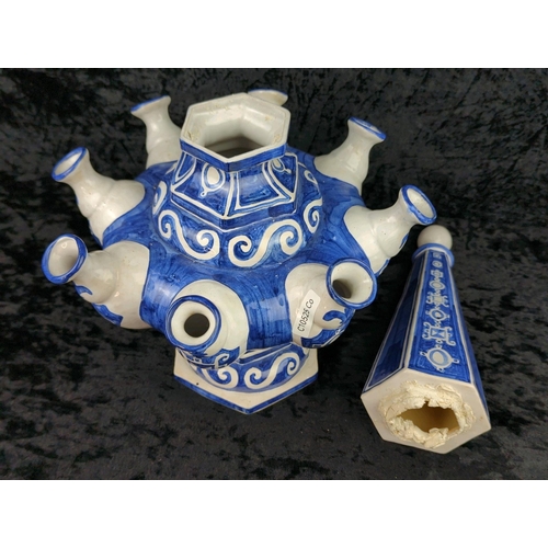 43 - Unusual vintage blue and white earthenware ‘tulipière’ with multiple spouts for single stem flowers ... 