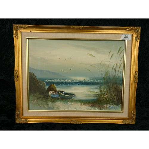 44 - Framed acrylic painting of a windswept beach and boat scene signed by the artist H.Gailey (or possib... 