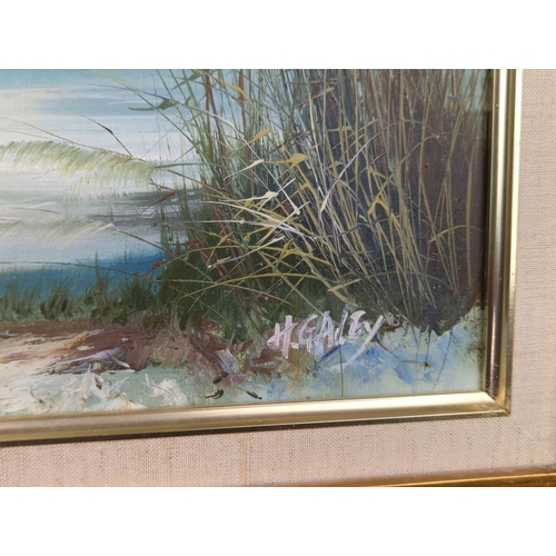 44 - Framed acrylic painting of a windswept beach and boat scene signed by the artist H.Gailey (or possib... 