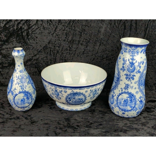 46 - Three pieces of antique blue and white German ceramics - a Franz Anton Mehlem (Royal Bonn) bowl, and... 