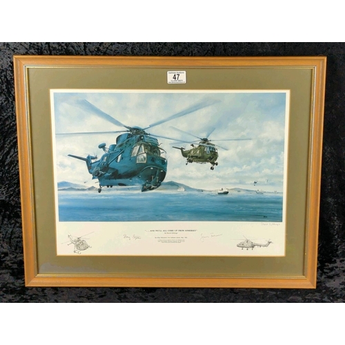 47 - Framed print ‘…And we'll all come up from Somerset’ by David Gibbings - Sea King Helicopters over Fa... 