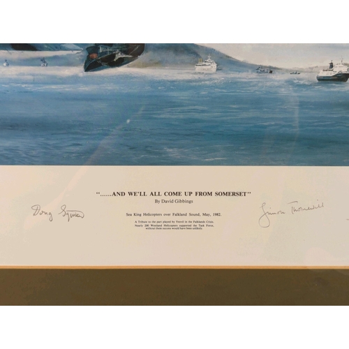 47 - Framed print ‘…And we'll all come up from Somerset’ by David Gibbings - Sea King Helicopters over Fa... 