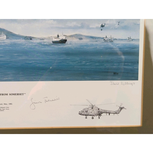 47 - Framed print ‘…And we'll all come up from Somerset’ by David Gibbings - Sea King Helicopters over Fa... 