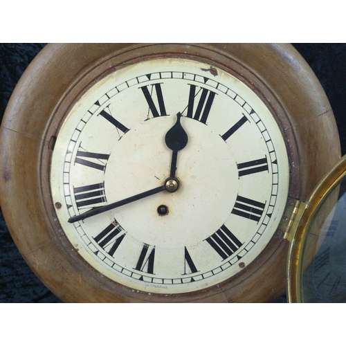 5 - Large antique wooden school or station wall clock, with key and in working order. Approx D37cm.