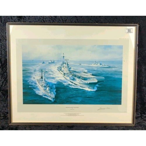 50 - Framed print of ‘South Atlantic Task Force’ by Robert Taylor featuring HMS Ardent, Arrow, Hermes and... 