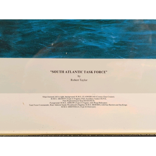50 - Framed print of ‘South Atlantic Task Force’ by Robert Taylor featuring HMS Ardent, Arrow, Hermes and... 
