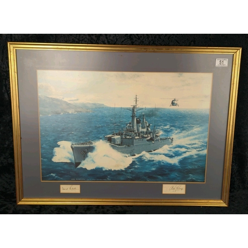 51 - Framed print of HMS Plymouth, Falkland Sound, May 1982, signed by the artist Alan F. Long. Frame app... 