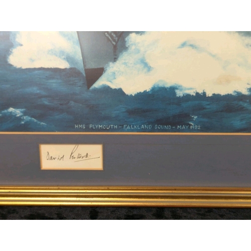 51 - Framed print of HMS Plymouth, Falkland Sound, May 1982, signed by the artist Alan F. Long. Frame app... 