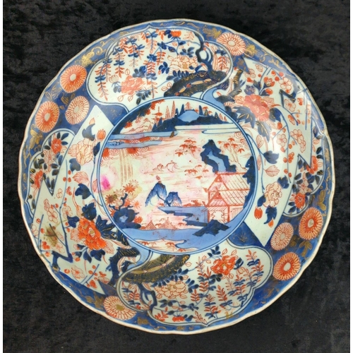 51A - Large antique 18th century Edo-period Japanese Imari porcelain charger bowl, with distinctive spur m... 