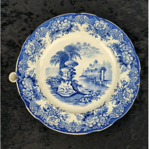52 - Antique English flow blue transferware plate warmer (crack/repair to rim) and a small serving platte... 
