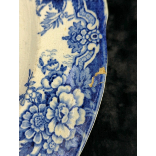 52 - Antique English flow blue transferware plate warmer (crack/repair to rim) and a small serving platte... 