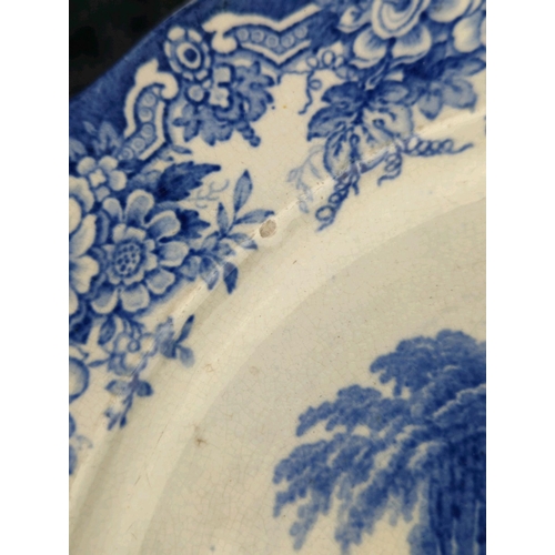 52 - Antique English flow blue transferware plate warmer (crack/repair to rim) and a small serving platte... 