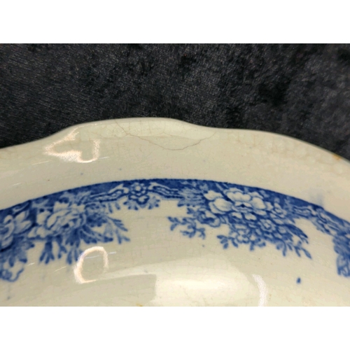 52 - Antique English flow blue transferware plate warmer (crack/repair to rim) and a small serving platte... 