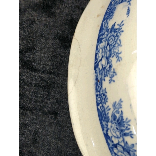 52 - Antique English flow blue transferware plate warmer (crack/repair to rim) and a small serving platte... 