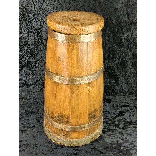 8 - Antique oak butter churn barrel with brass bands. Approx H52cm.