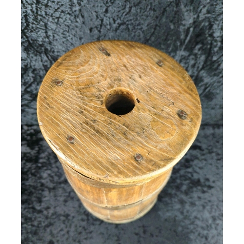 8 - Antique oak butter churn barrel with brass bands. Approx H52cm.
