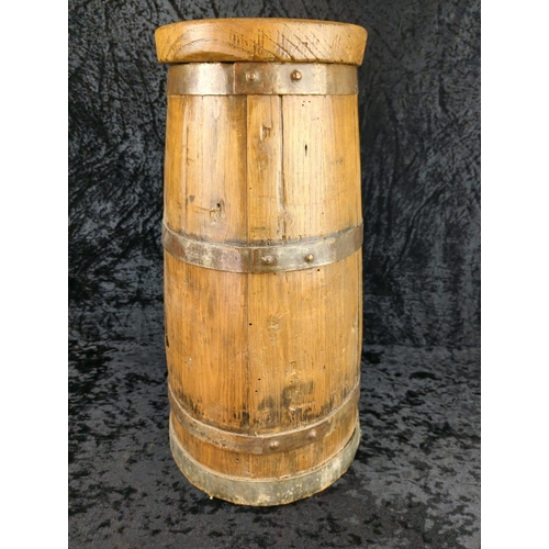 8 - Antique oak butter churn barrel with brass bands. Approx H52cm.
