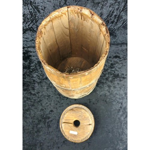 8 - Antique oak butter churn barrel with brass bands. Approx H52cm.