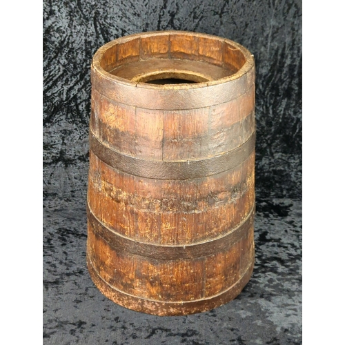 9 - Antique coopered oak barrel, probably originally a churn. Approx H38cm.