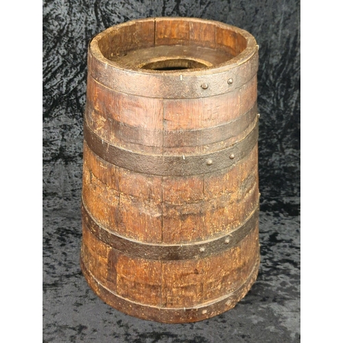 9 - Antique coopered oak barrel, probably originally a churn. Approx H38cm.