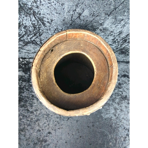 9 - Antique coopered oak barrel, probably originally a churn. Approx H38cm.