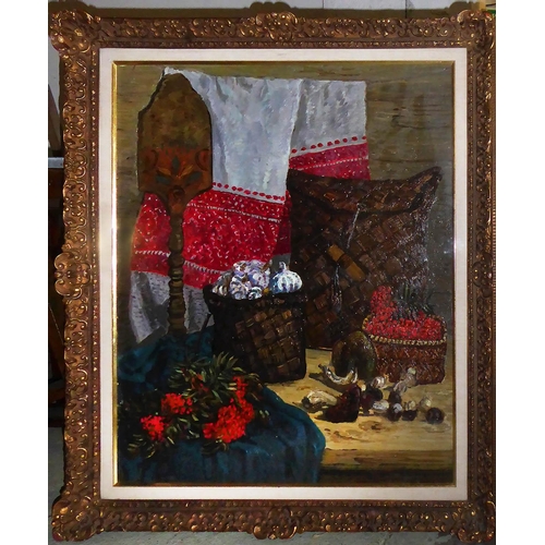 390 - DIMITRIJ KOSMIN (Russian 1925-2003) 'Autumnal Still Life with Mushrooms, Figs, and Berries in Wicker... 