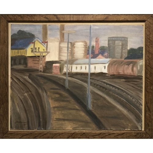 384 - J R WOOLNOUGH 'Battersea from the Railway', oil on board, signed and dated '74, 45cm x 37cm, framed.