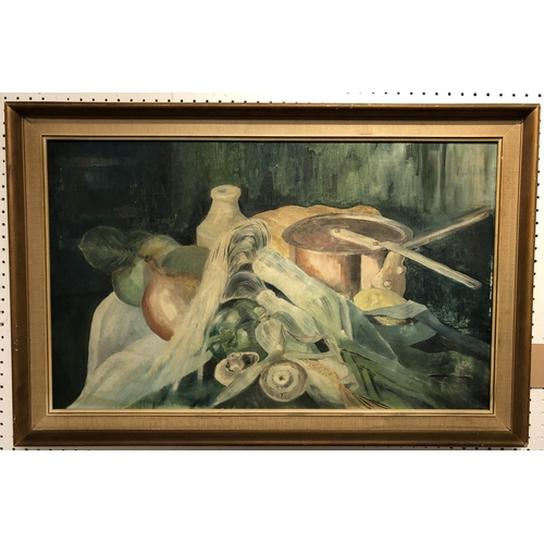 385 - 20TH CENTURY FRENCH SCHOOL 'Still Life with Vegetables', oil on board, 66cm x 40cm, framed.