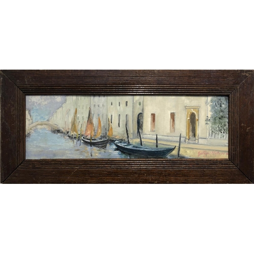 388 - GEOFFREY MILLNER (20th century) 'Venice', oil on board, signed, 12cm x 37cm, framed.