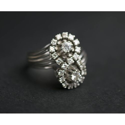 407 - RING, diamond and white gold, 1930's 18ct white gold, diamond, double cluster ring to ribbed shaould... 