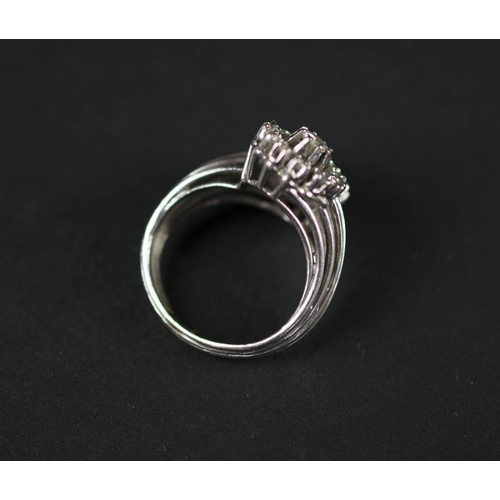 407 - RING, diamond and white gold, 1930's 18ct white gold, diamond, double cluster ring to ribbed shaould... 