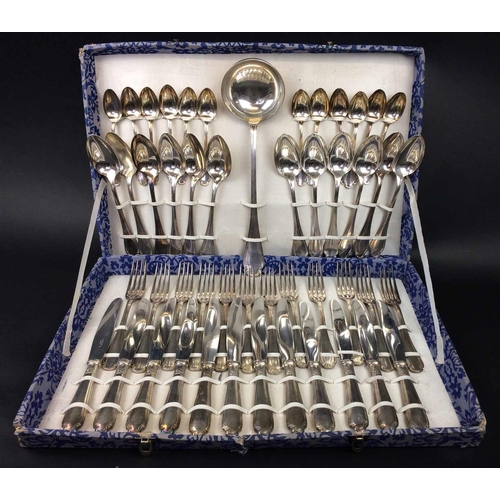 411 - CHRISTOFLE ALFENIDE CUTLERY SET, twelve place setting with large soup ladle, boxed 50cm x 35cm.