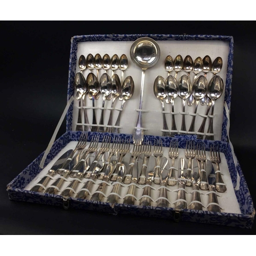 411 - CHRISTOFLE ALFENIDE CUTLERY SET, twelve place setting with large soup ladle, boxed 50cm x 35cm.