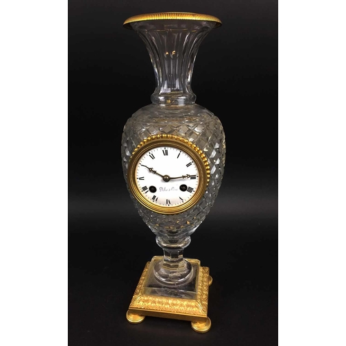 414 - MANTEL CLOCK, late 19th century French neoclassical urn form cut glass with applied ormolu mounts di... 