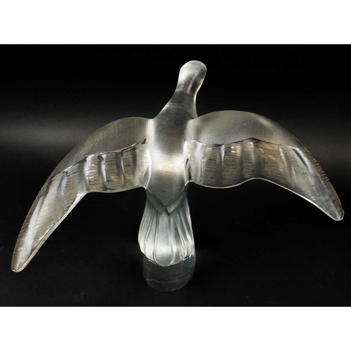 416 - LALIQUE COLOMBE CLITA DOVES, two, in flight, frosted glass, 25cm H x 33cm. (2)