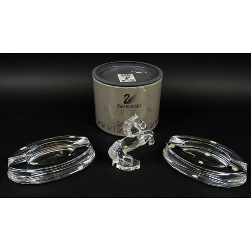 417 - BACCARAT TRANQUILITY ASHTRAYS, a pair, along with a rearing Swarovski silver crystal stallion, 16cm ... 