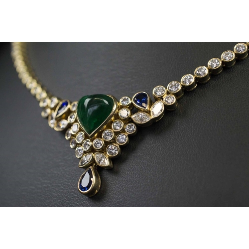 418 - A DIAMOND AND CABOCHON EMERALD NECKLACE, the collet set brilliant cut diamonds mounted in eighteen c... 