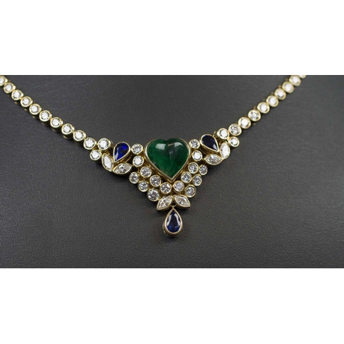 418 - A DIAMOND AND CABOCHON EMERALD NECKLACE, the collet set brilliant cut diamonds mounted in eighteen c... 