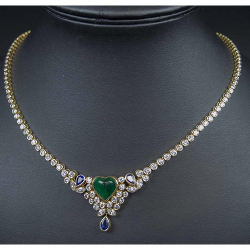 418 - A DIAMOND AND CABOCHON EMERALD NECKLACE, the collet set brilliant cut diamonds mounted in eighteen c... 