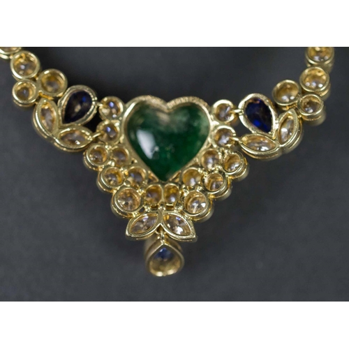 418 - A DIAMOND AND CABOCHON EMERALD NECKLACE, the collet set brilliant cut diamonds mounted in eighteen c... 