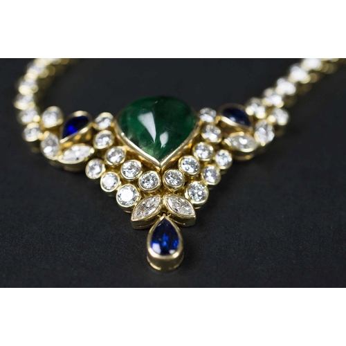 418 - A DIAMOND AND CABOCHON EMERALD NECKLACE, the collet set brilliant cut diamonds mounted in eighteen c... 