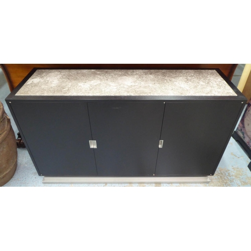 93 - SIDEBOARD, dark wood with an inlaid marble top, 81cm H x 43cm D x 135cm L.