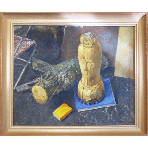152 - TOM WHITE 'Carved Head with Log, n°2', oil on board, signed, 50cm x 60cm, framed.