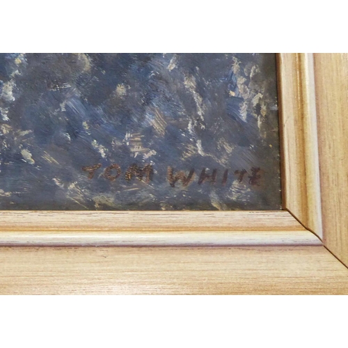 152 - TOM WHITE 'Carved Head with Log, n°2', oil on board, signed, 50cm x 60cm, framed.