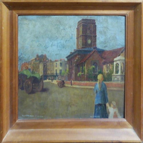 389 - ALICE WILSON (British) 'Old Church Chelsea', oil on board, signed and titled to bottom, 35cm x 40cm,... 