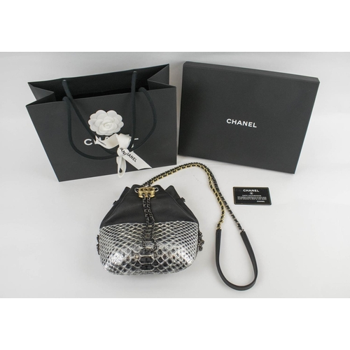 399 - CHANEL GABRIELLE PURSE, black leather top with silver python bottom, drawstring closure with iconic ... 