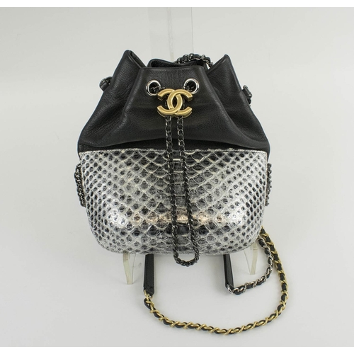 399 - CHANEL GABRIELLE PURSE, black leather top with silver python bottom, drawstring closure with iconic ... 