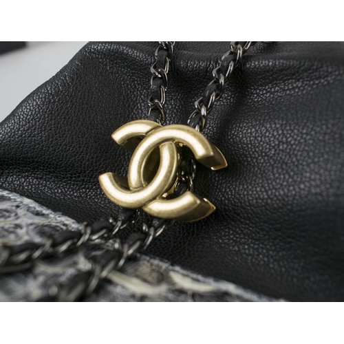 399 - CHANEL GABRIELLE PURSE, black leather top with silver python bottom, drawstring closure with iconic ... 