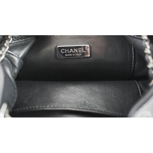 399 - CHANEL GABRIELLE PURSE, black leather top with silver python bottom, drawstring closure with iconic ... 